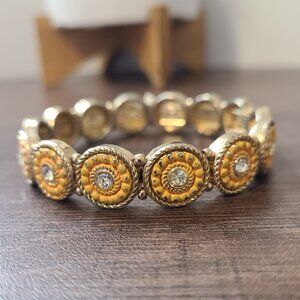Gold Tone Stretch‎ Bracelet with Amber and Rhinestone Accents